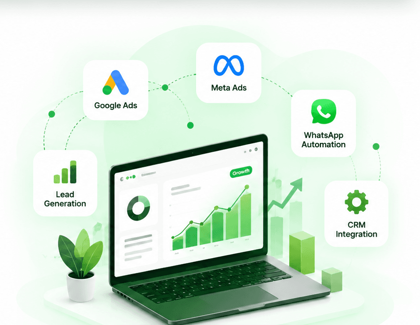 Marketing growth dashboard showing Google Ads, Meta Ads, WhatsApp automation, lead generation, CRM integration, and performance analytics